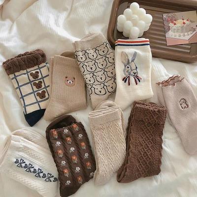 Women's Earth Tone Cartoon Mid-Tube Socks - Trendy Spring/Autumn Korean Style