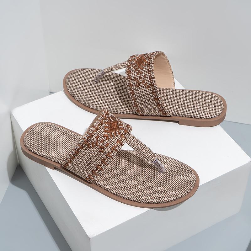 Fashion Embroidered Women 'S Slides Outdoor Beach Female Flip Flops Breathable Hemp Ethnic Style Ladies Summer Slippers Shoes