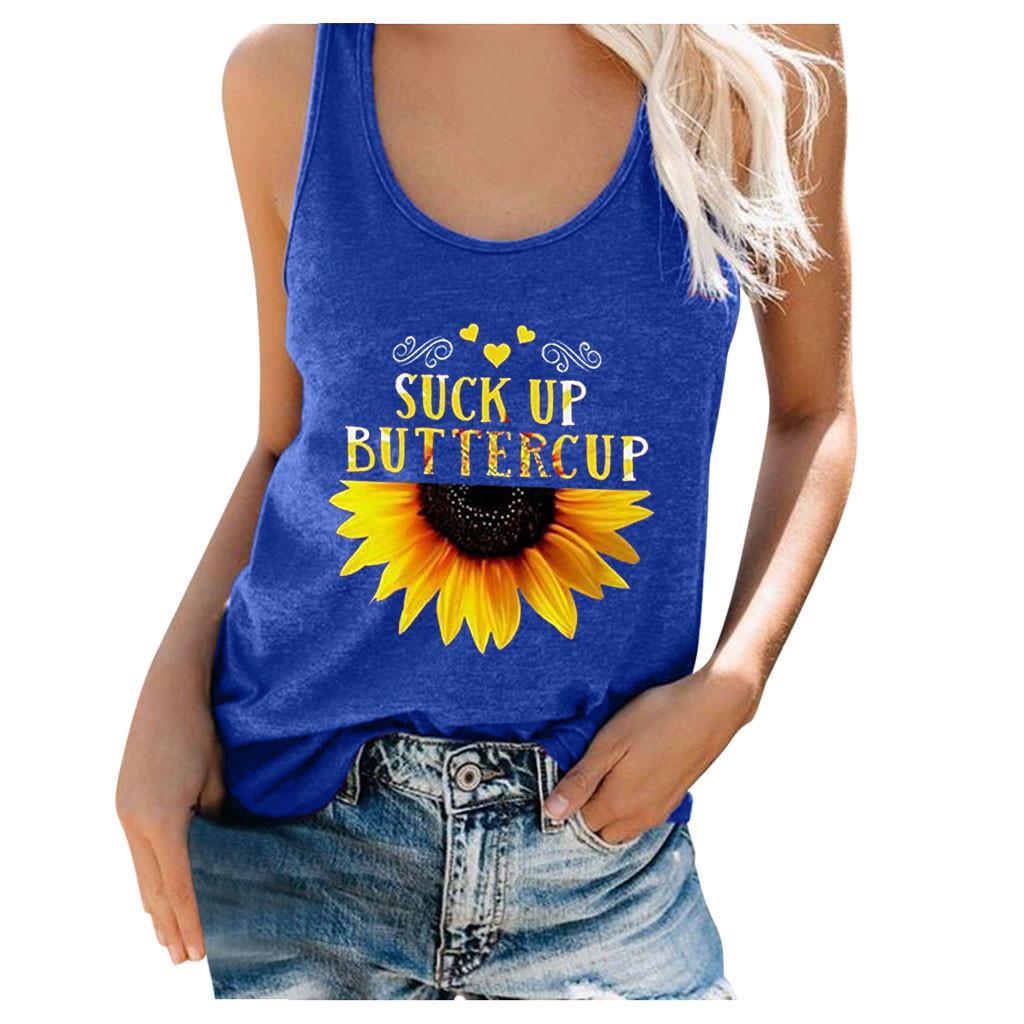 Women Plus Size Summer Sunflower Print Round Neck Sleeveless T-shirt Top Tank
