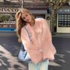 Women's Light Pink Faux Fur Coat Button Down Short Jacket with Pocket Warm Winter Outerwear