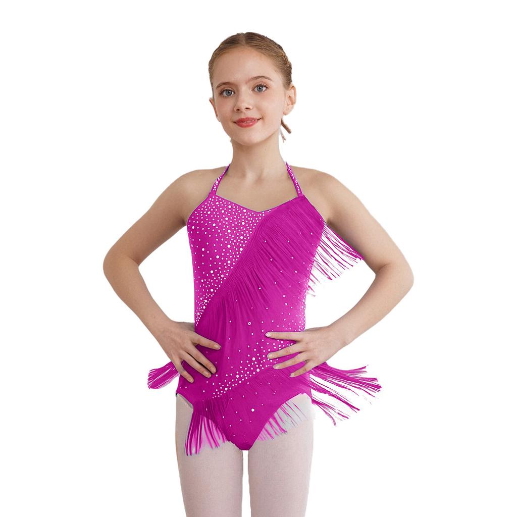 Mädchen Latin Dance Kostüm Ärmellos Neckholder V-Ausschnitt Rückenfrei Glänzend Strasssteine Quasten Leotard