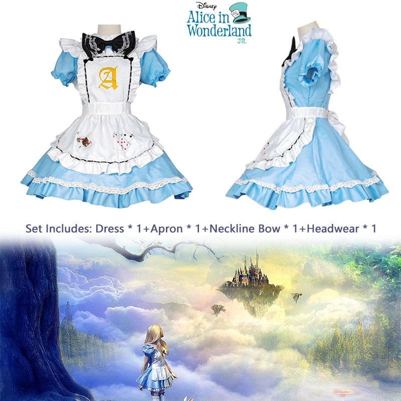 In Alice Wonderland Maid Dress Set Cosplay Costume Playing Card Pattern Fan Girl