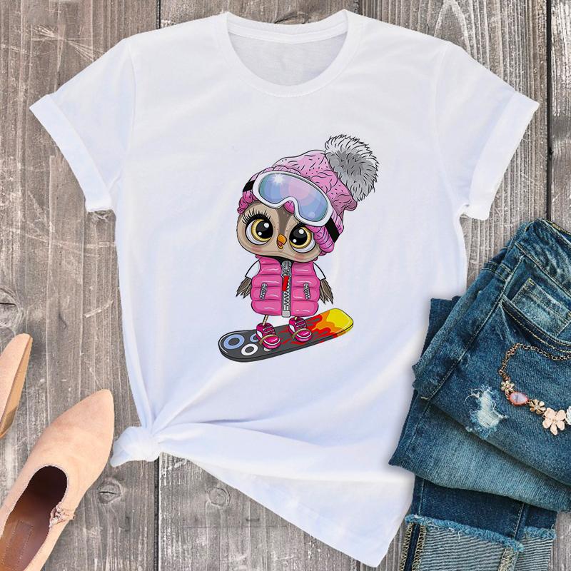 

Summer Women s T-Shirt Fashion Cute Owl Printed Ladies Tshirt Harajuku Short Sleeve White Large Size Top Female T Shirt Dropship S білий