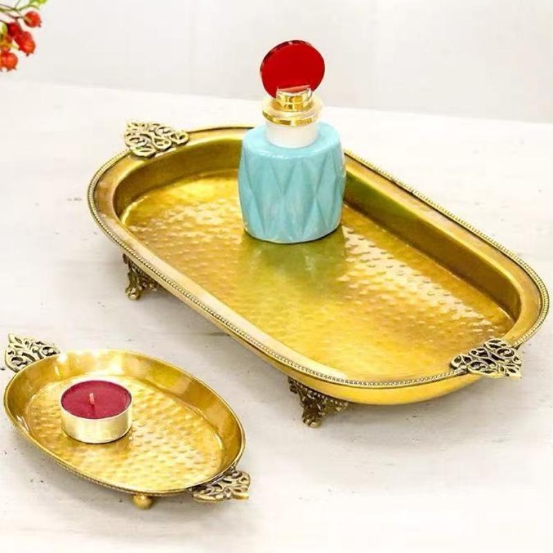 European & American Style Fruit Tray Handcrafted Vintage Hammer Texture Brass Openwork Handle Coffee Table Fruit Storage Tray