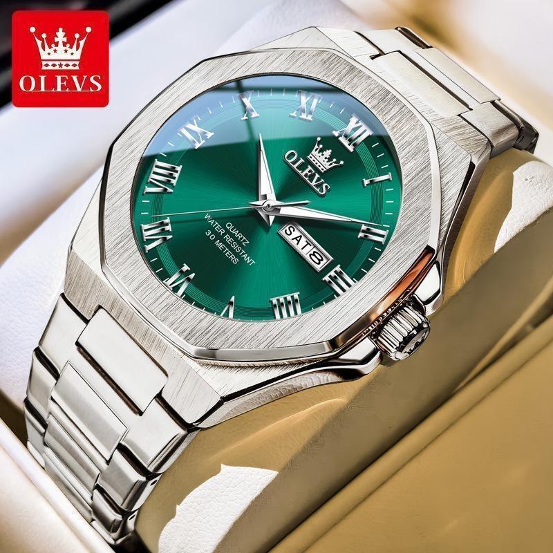 OLEVS Luxury Man Watch Classic Fashion Roman Scale Dual Calendar Waterproof Luminous Stainless Steel Original Quartz Wristwatch