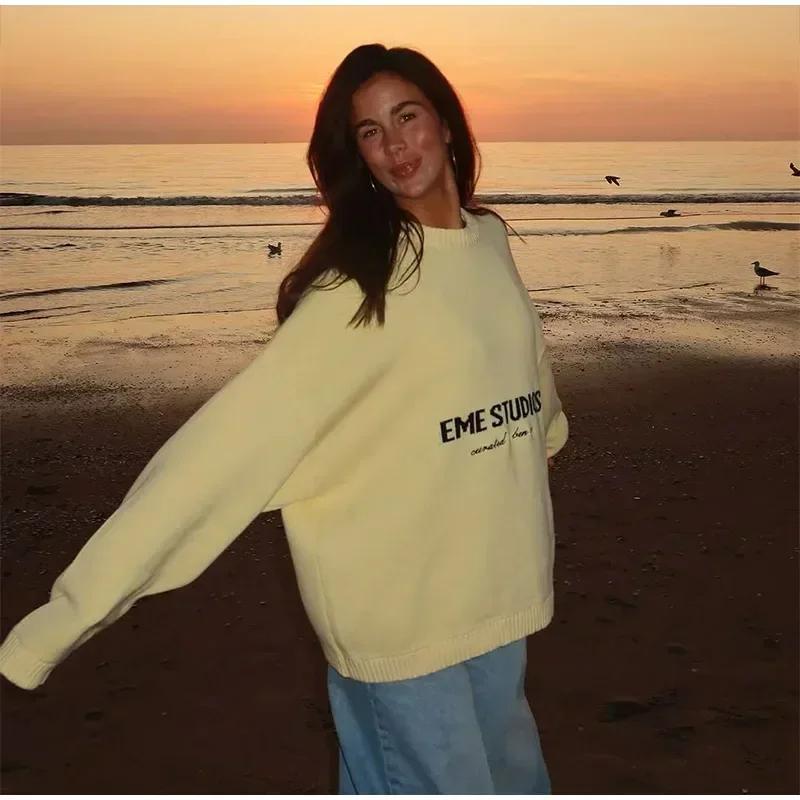 VAYLA Yellow Knitted Letter Sweater Women Elegant Round Neck Long Sleeve Short Pullover Casual Lady New Street Sweaters