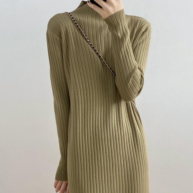 Mid-length Pullover Sweater for Women's Autumn and Winter Half Turtleneck Knee-length Knitted Dress Solid Color Casual Sweater Dress