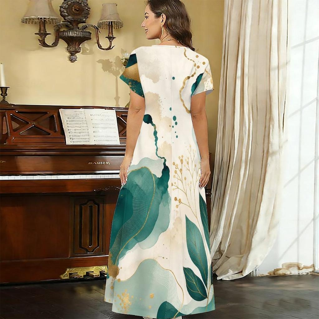 Women Plus Size V Neck Short Sleeve Abstract Printed Straight Maxi Dress