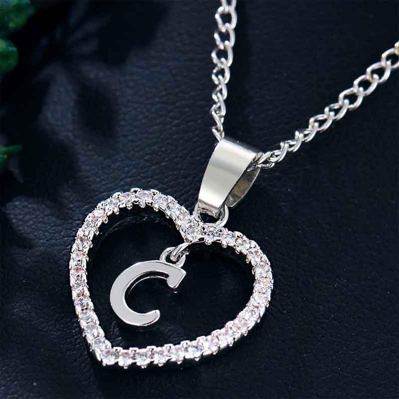 Heart Letters 26 Love Crystal Women Silver Plated Chain Jewelry Necklace