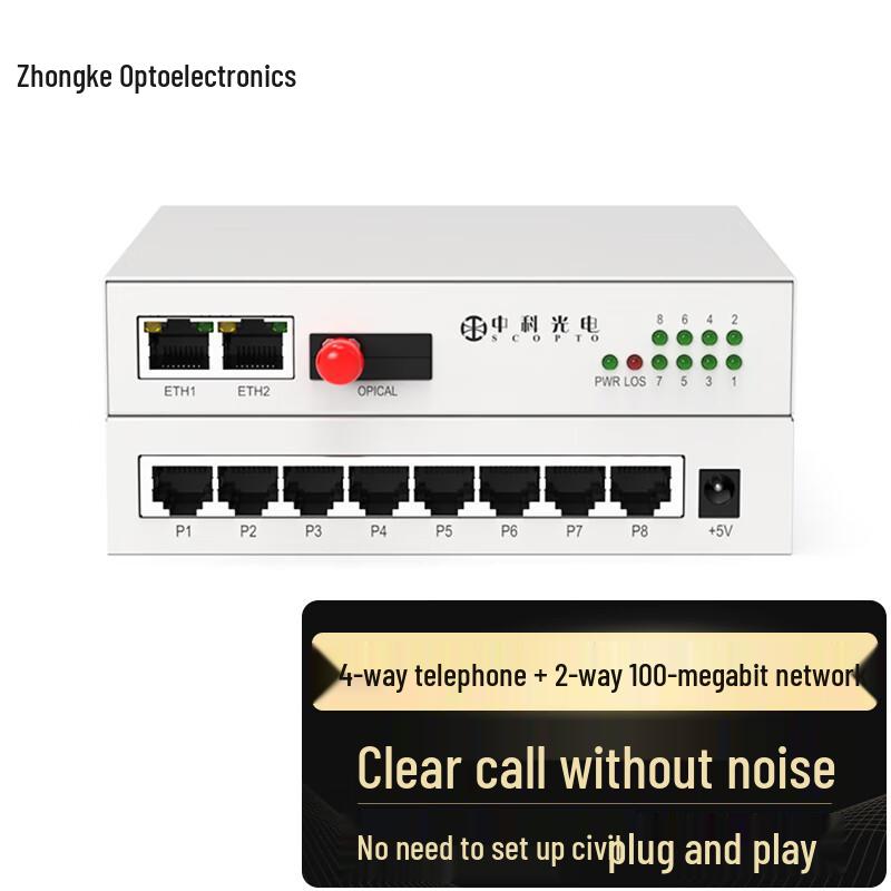 Zhongke 4-Channel Telephone & Dual 100M Ethernet Optical Transceiver 20km