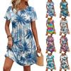 Women Short Sleeve Floral Print Casual Dress Round Neck Waist Tie Pocket Summer Beachwear Sundress
