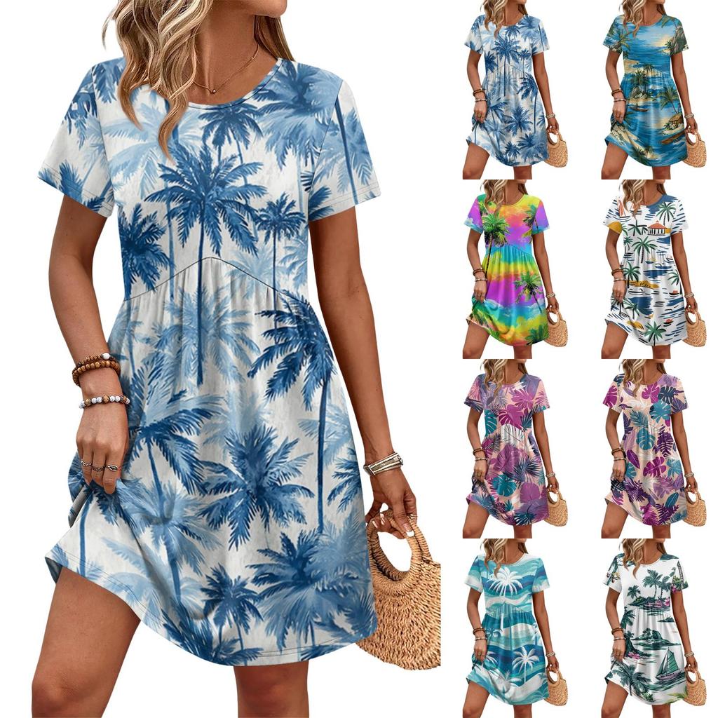 Women Short Sleeve Floral Print Casual Dress Round Neck Waist Tie Pocket Summer Beachwear Sundress