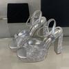 Fashion Liyke Elegant Woman Wedding Party Shoes Sexy Thick Bottom Square Toe Crystal Rhinestone High Heels Platform Sandals Women Silver