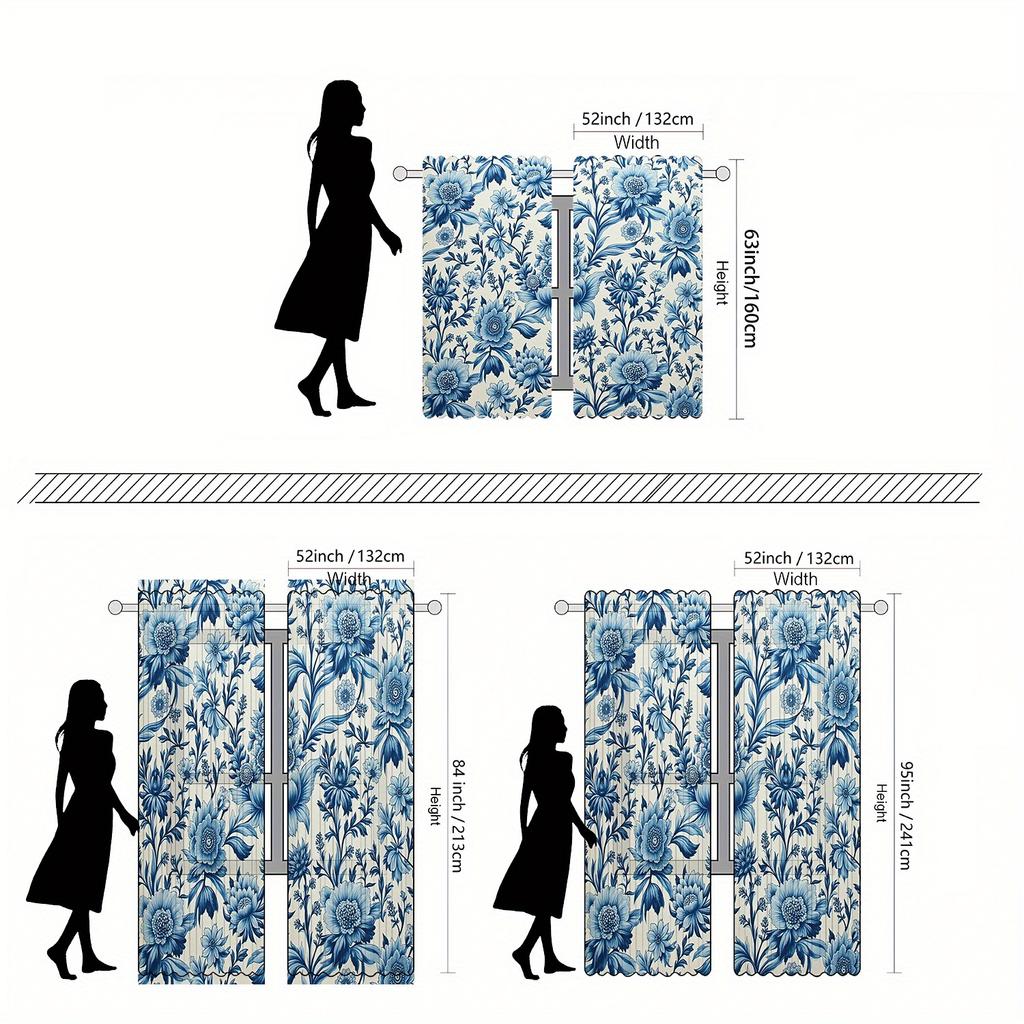 2pcs Blue Floral Print Curtains - Rod Pocket Semi-Sheer Window Drapes   Polyester Sateen Weave    Machine Washable