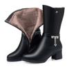 Fashion Comfortable Soft Leather Boots Mid Leg Motorcycle Boots Winter 2024 Med Block Heels Plush Fur Mom Elegant  Non-slip Shoes