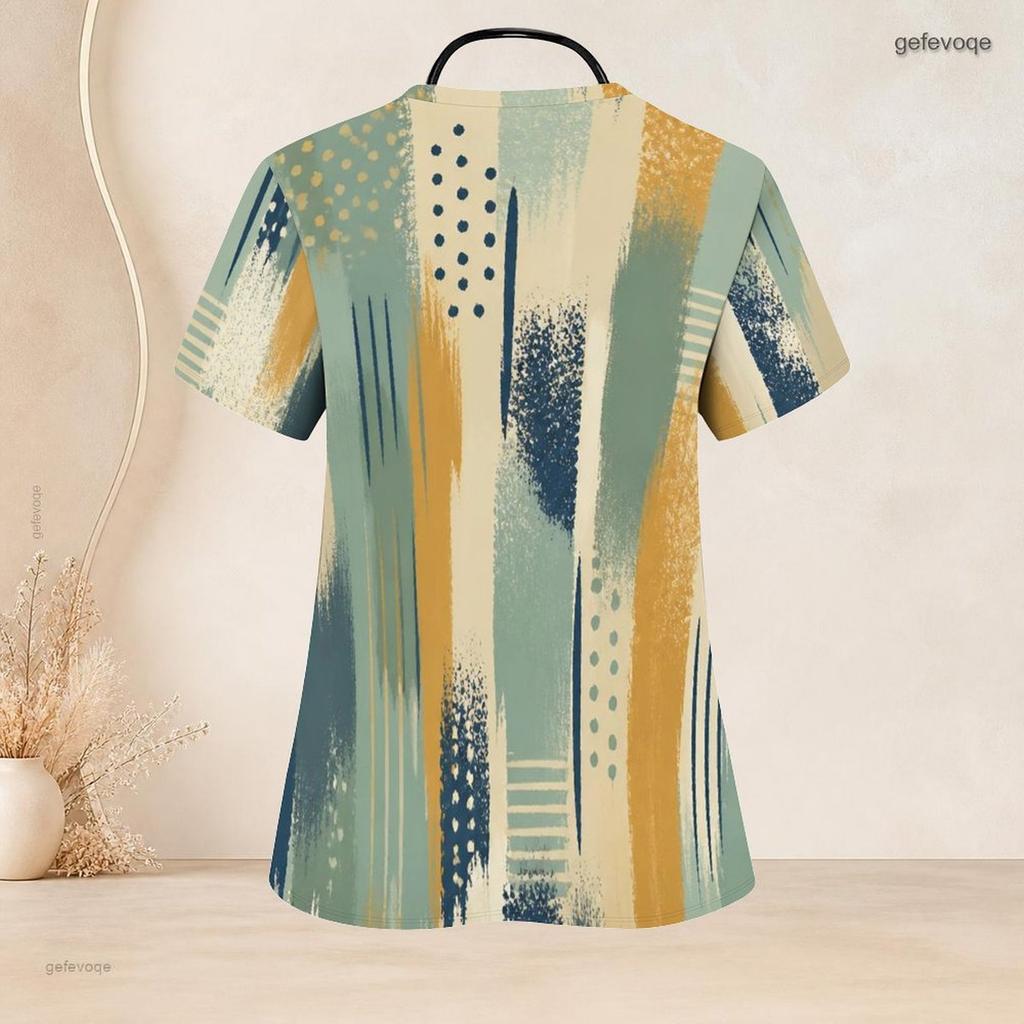 Women Plus Size Printed Blue Black V Neck Short Sleeve Nurse Scrub Top With Front Pockets