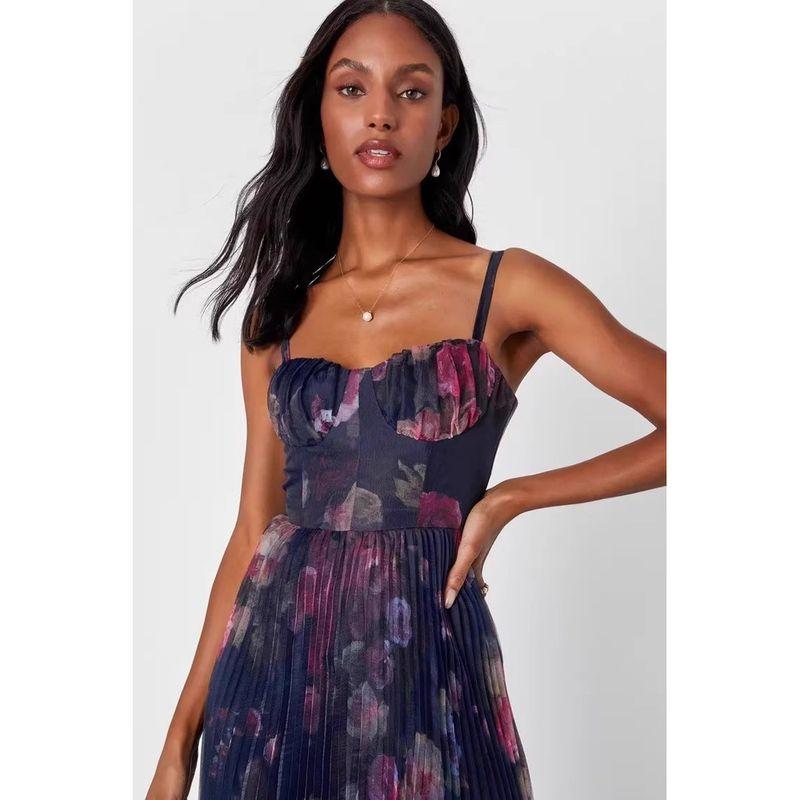 Foreign Trade Order Lu's Sling Elegant Print Mesh Lady Summer Vacation Fashion Elegant Big Hemline Dress