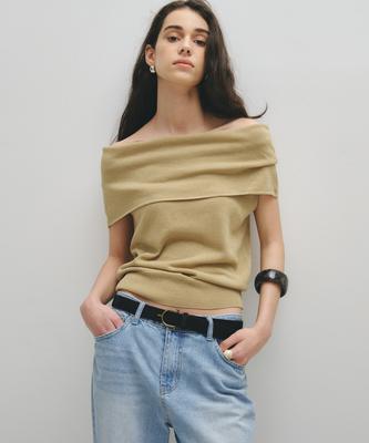 NOIRER FOR WOMAN Linen Off-Shoulder Knit (Light Khaki)