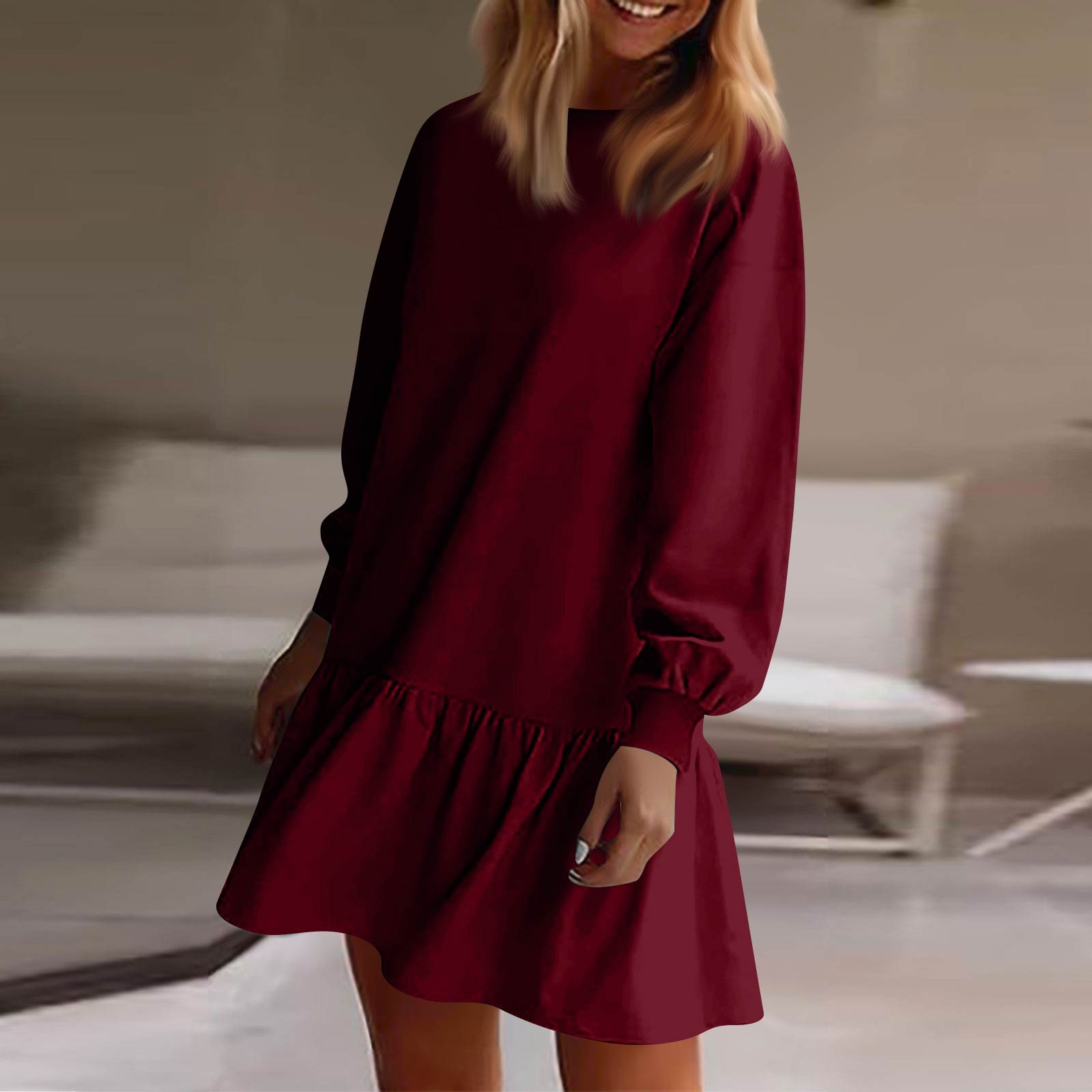 

Women s Long Sleeve Pullover Top Knit Ribbed Knit Patchwork Sweatshirt Dress Casual Dresses M