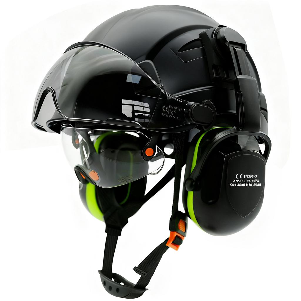 Casco di Sicurezza con Visiera Integrata Occhiali di Protezione Colore a Contrasto Paraorecchie Riduzione del Rumore per Ingegnere Elmetto da Lavoro Industriale ANSI