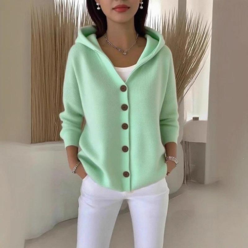 Women S Casual Solid Color Hooded Knit Cardigan Sweater S зелёный
