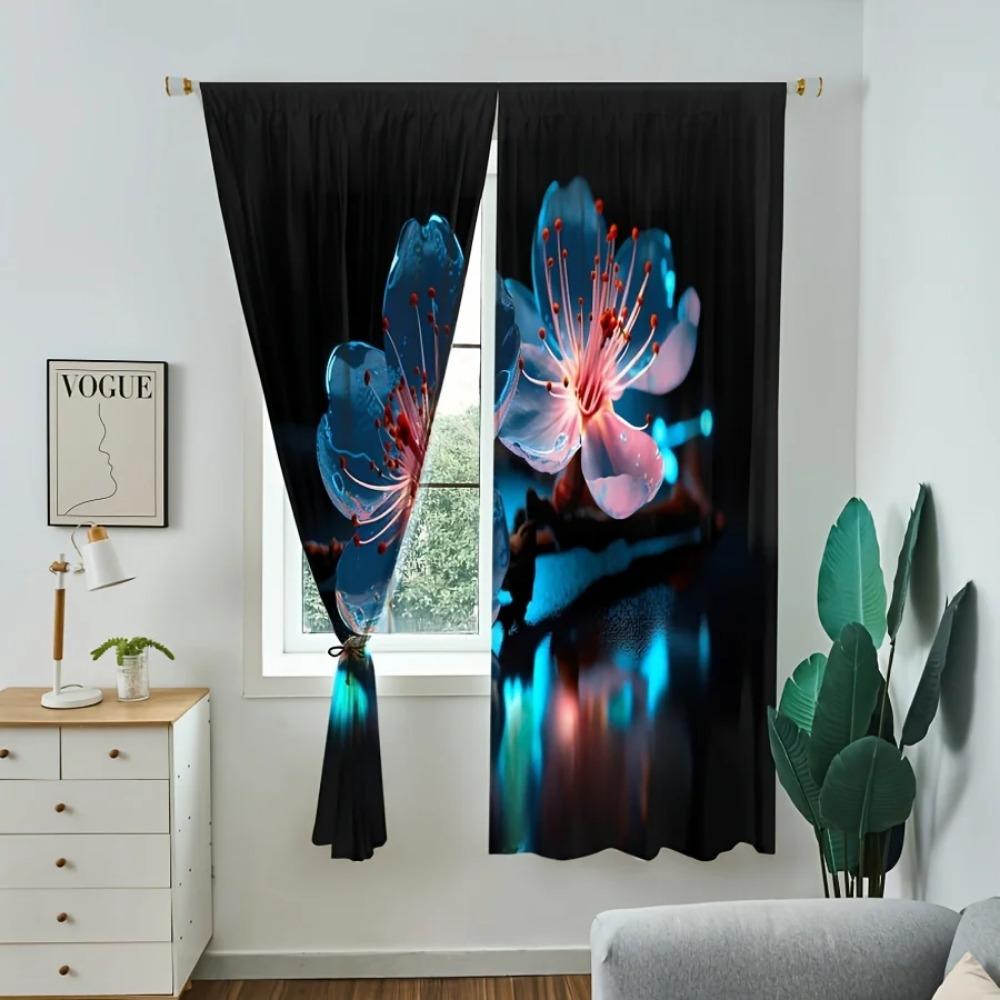 2pcs Flower Pattern Black Printed Curtain Rod Pocket Decoration Semi-blackout Curtain Living Room Bedroom Office Home Decoration