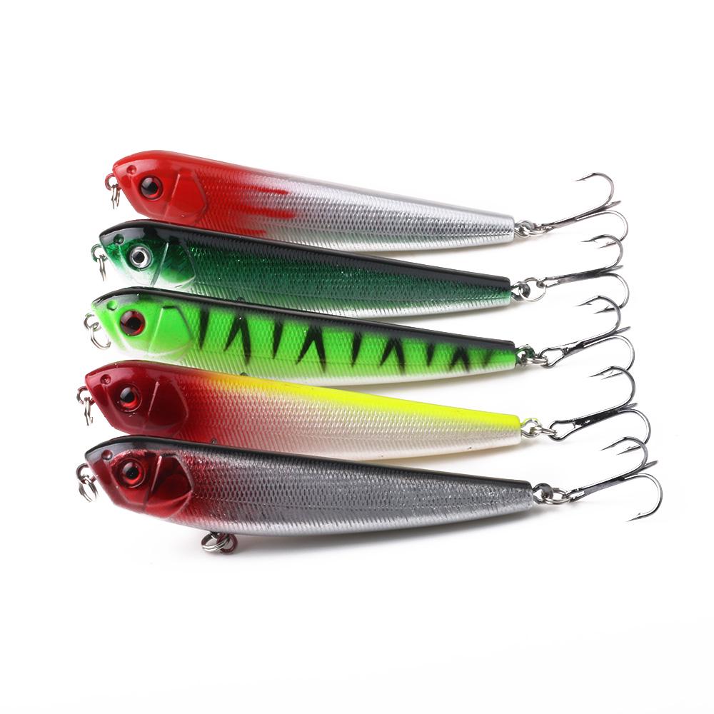 1pc Hengjia Plastic Pencil Bait with Fin Topwater Pike Lure 3D Eyes Fishing Accessories