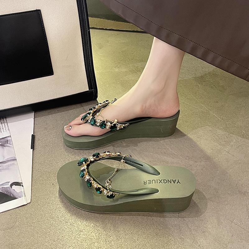 2023 Women's Summer Rhinestone Chain Flip Flops: Stylish Wedge Heel Sandals for Beach Vacations