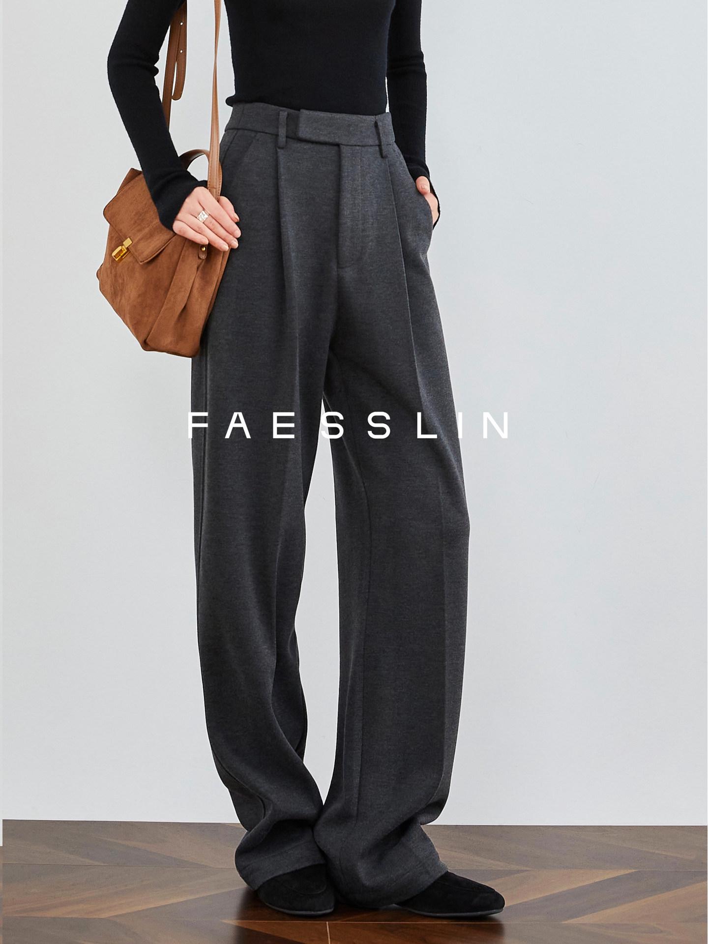 FAESSLIN Gray Woolen Wide-Leg Pants for Tall Women - Extra Long Straight Leg Trousers M