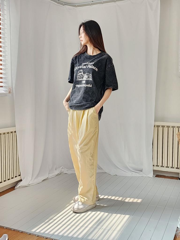NOT Lalal Pintuck Wide Summer Nylon Elastic Waist Pants_Yellow