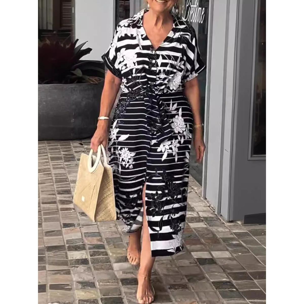 

Women s Summer Short-sleeved V-neck Belted Hem Slit Plant Print Long Casual Dress Clothes Sale S чёрный