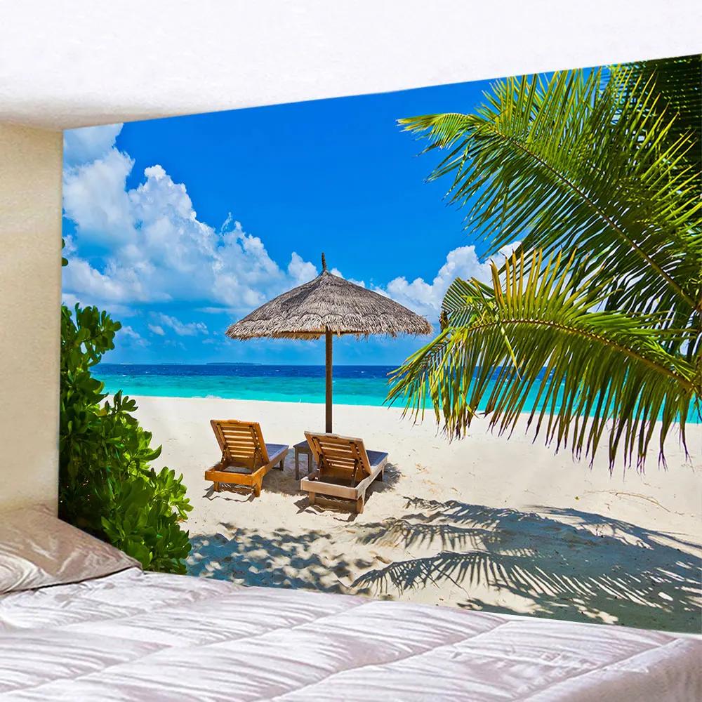 Seaside Coconut Tree Landscape Tapestry Nature Sea Art Ocean Beach 3D Print Wall Hanging Home Living Room Background Cloth Decor