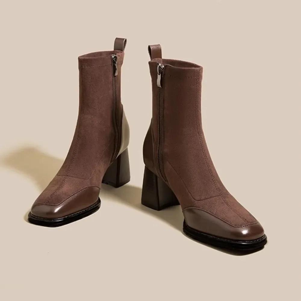 Thick High Heel Short Boots Autumn Winter New Square Headed Suede Ankle Boots For Women Black Brown Elastic Heeled Botines Mujer
