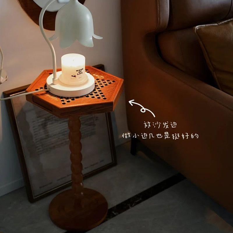 Vintage Hexagonal Side Table Solid Wood Table with Integrated Checkers Board Durable Fun Table for Living Room Multi-Purpose
