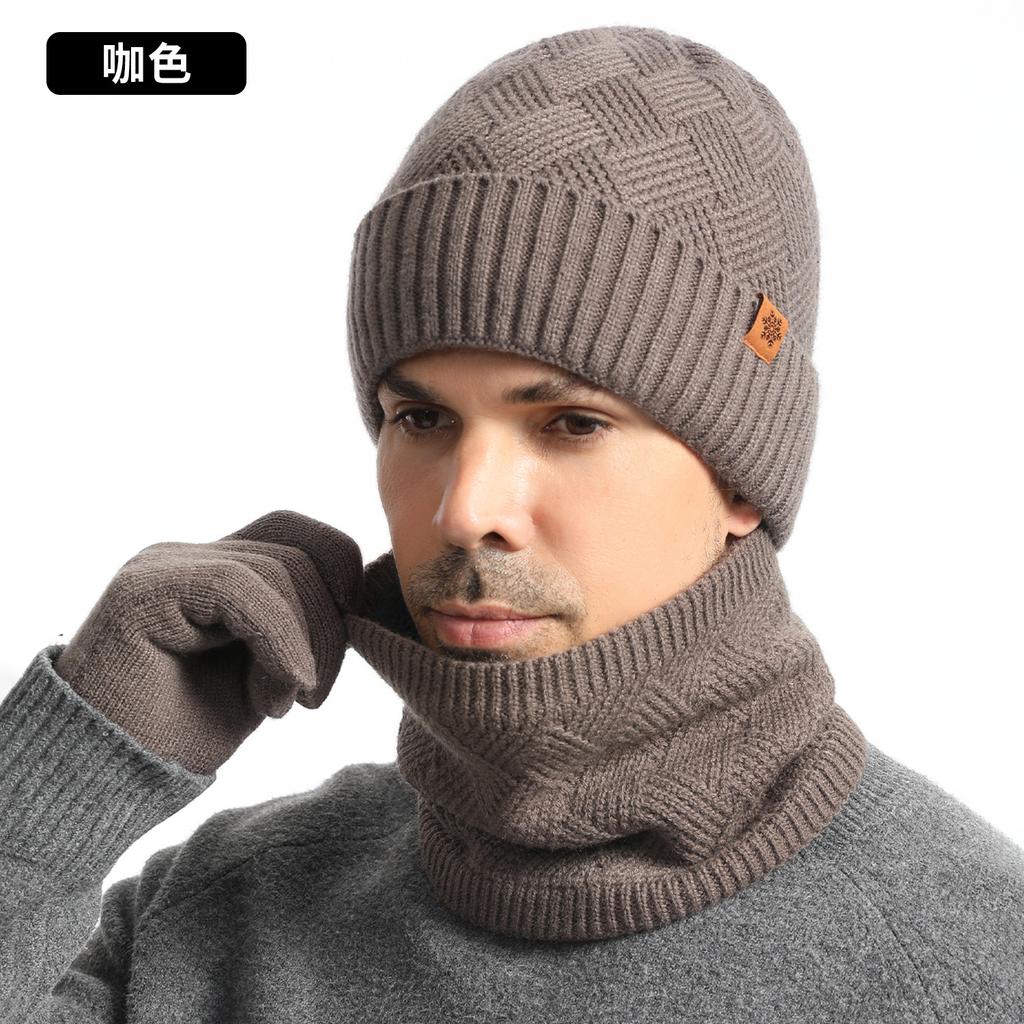 Winter men's knitted hat, cold-proof knitted scarf, piled and thickened double-layer scarf gloves, hat three-piece set