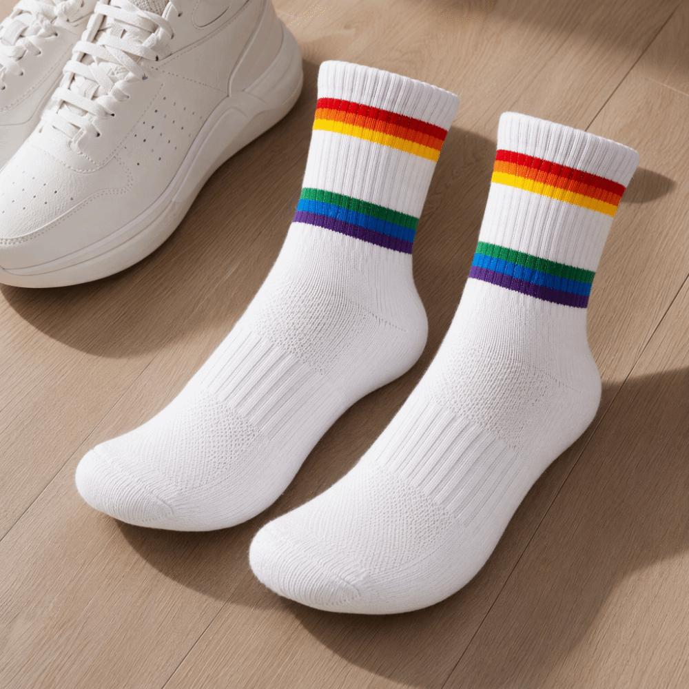 2PCS Cotton Athletic Socks Rainbow Stripe Sports Running Socks Running Socks Running