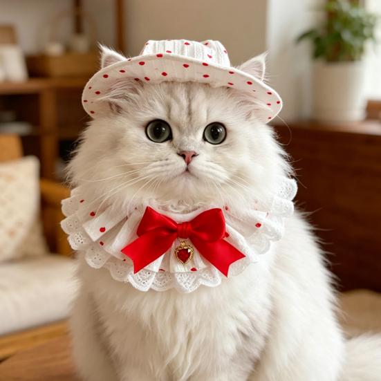 Cat Costumes Breathable Cotton Adjustable Sun Hat And Scarf Set with Bow Decor Pet Clothes for Party Photography Props