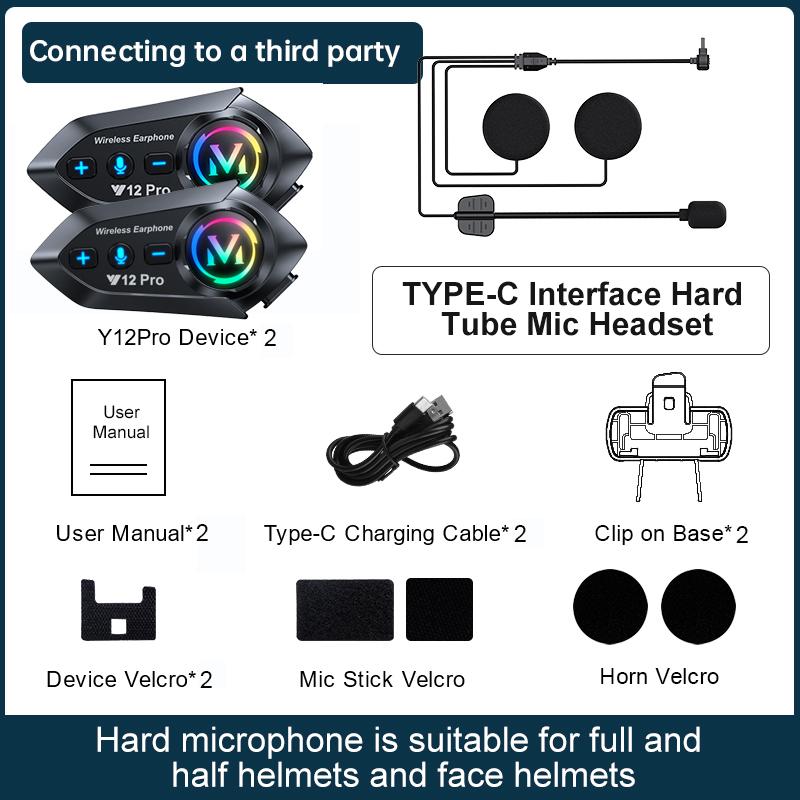 1/2pcs Y12Pro Wireless Bluetooth 5.4 Motorcycle Helmet Intercom Headset Waterproof 300 m Intercomunicador Speaker Earphone