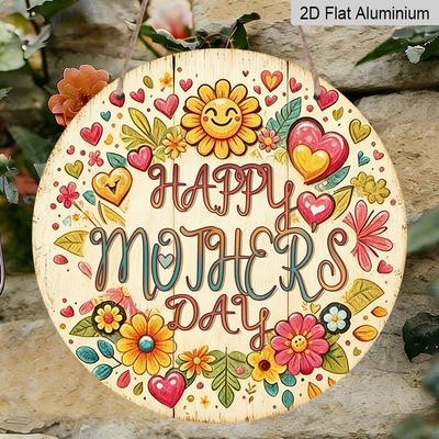 2D Flache Retro-Aluminium-Wanddekorationen in verschiedenen Größen. Warmes, handgemaltes Muttertags-Thema mit Aquarellblumen- und Herzmustern. Ideal für
