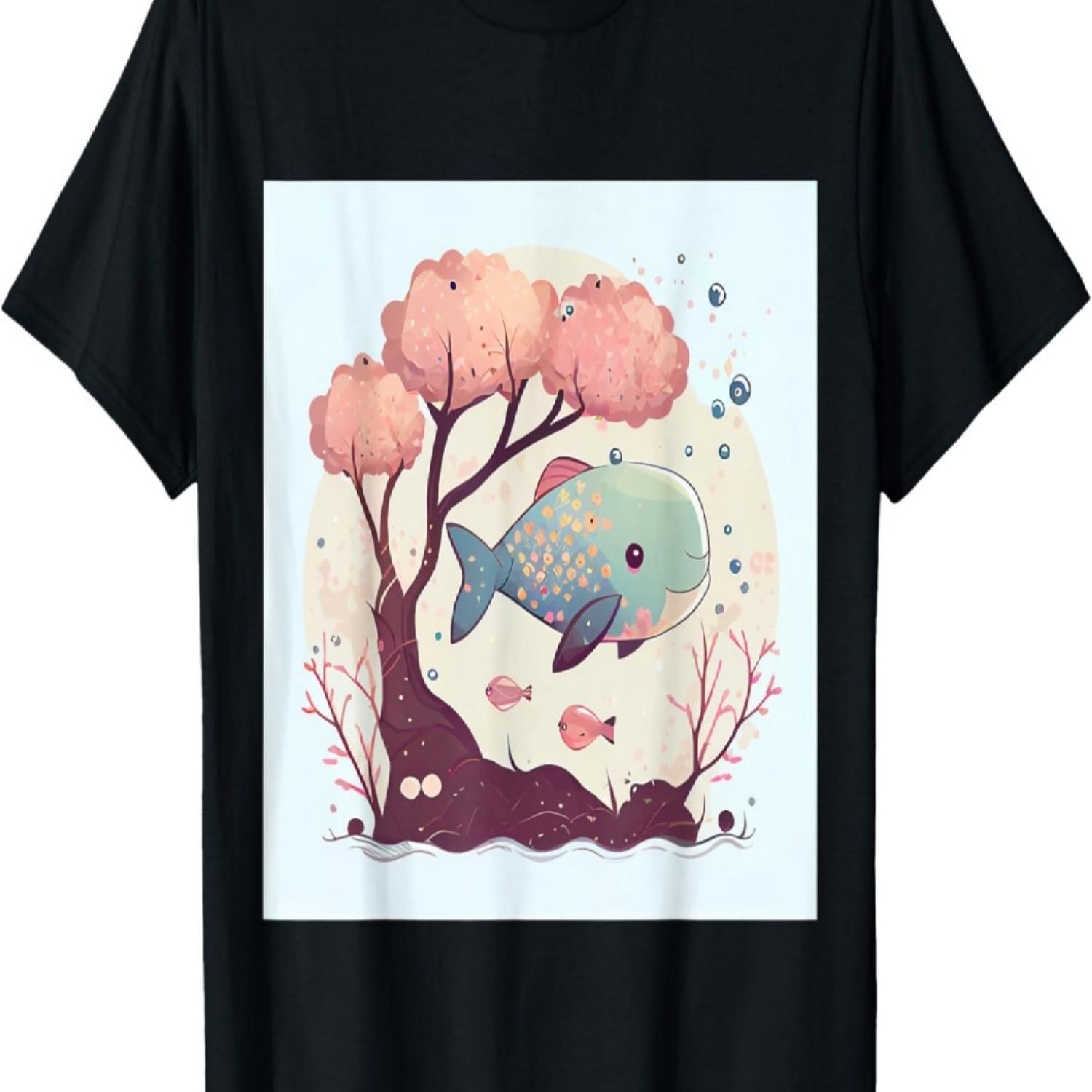 Cute Kawaii Whale Fish swimming with cherry blossom tree T-Shirt S чёрный