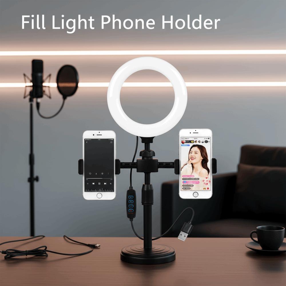 Dual Phone Position Fill Light Phone Holder Stable Base LED Circular Light  Video