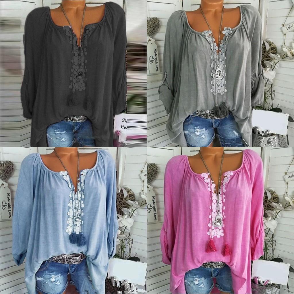 Elegant Plus Size Women Boho Long Sleeve Blouse Baggy Tops With V Neck Design