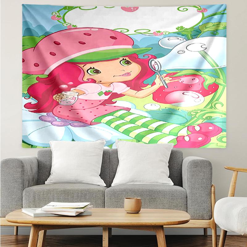 Strawberry-Shortcake Print Tapestry, Backdrop, Easy Setup, Ideal for Bedroom, Office & Living Room, with Aesthetic Wall Hanging Decor.