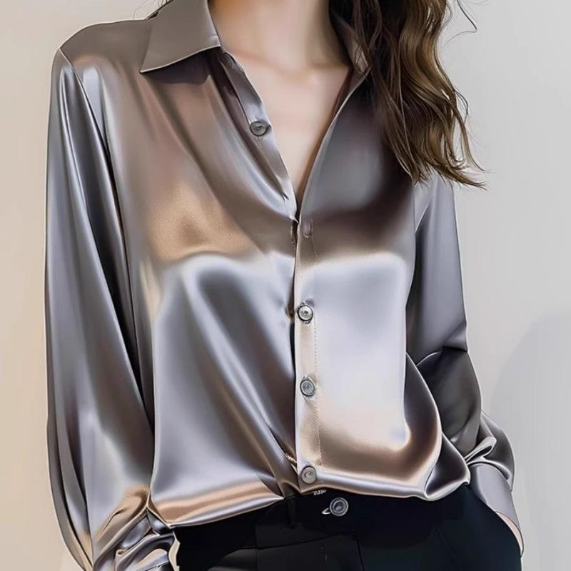 Color New Premium Gray Acetate Satin Shirt Women's Long Sleeve Chic French Silk Professional Shirt
