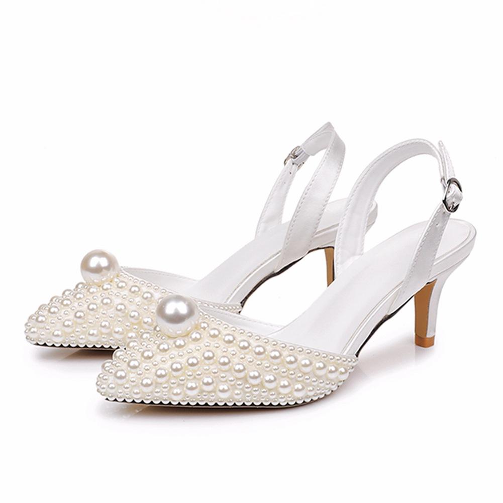 Pointed Toe Pearls Decors Ladies White Wedding Party Dress Shoes Elegant High Heels Bridal Sandals Beige Zapatos De Mujer Size35