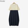 ZANZEA Women Casual Round Neck Half Sleeve Patchwork Long Dress