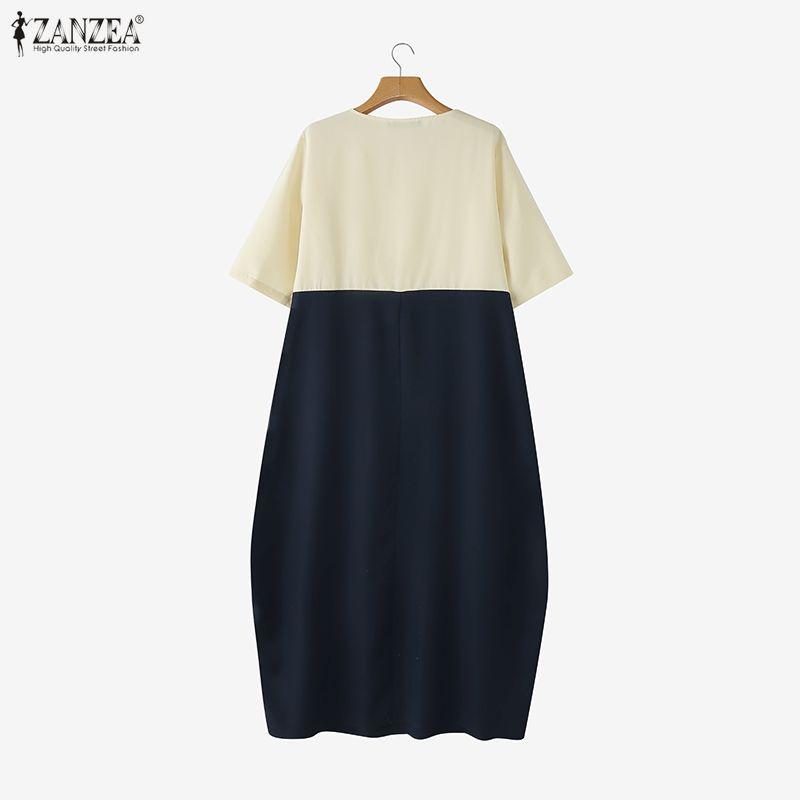 ZANZEA Women Casual Round Neck Half Sleeve Patchwork Long Dress