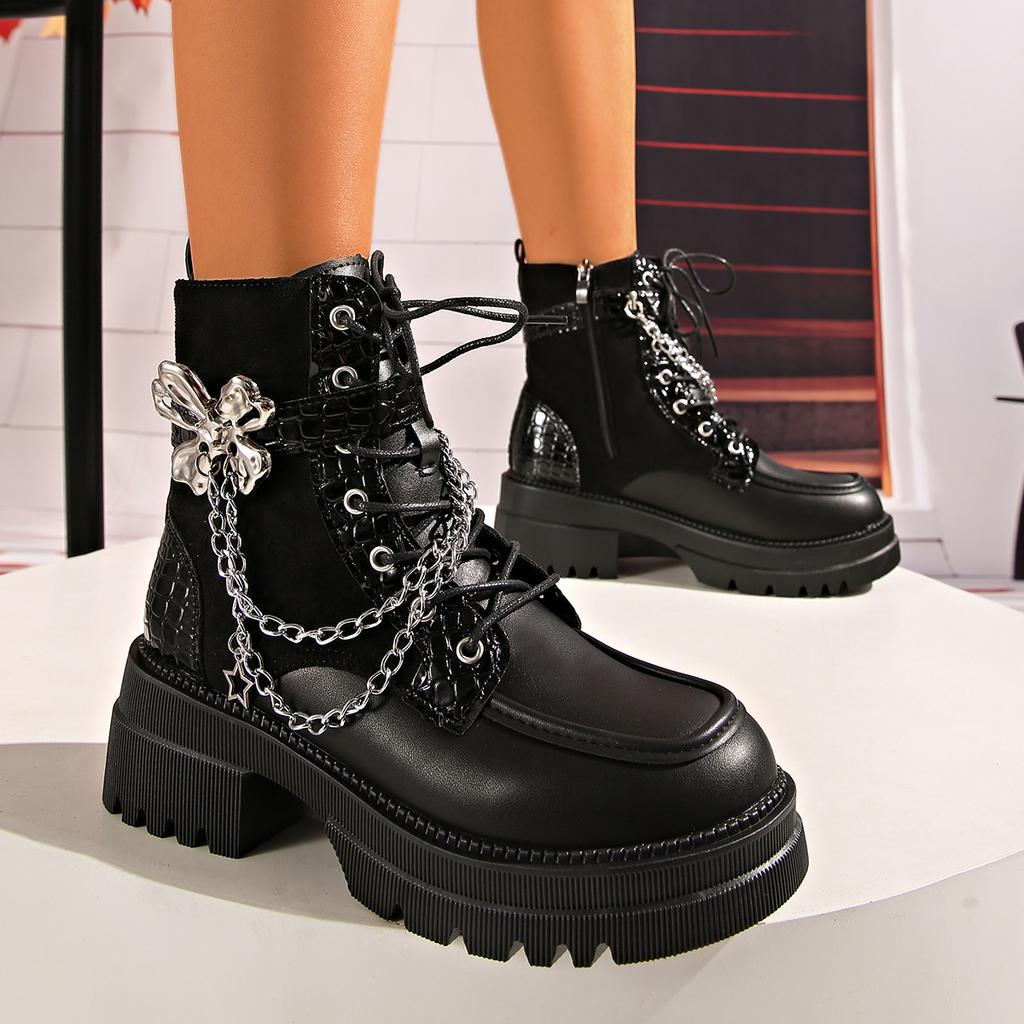 Star chain metal flower autumn new large size temperament thick sole thick heel fashion Martin boots