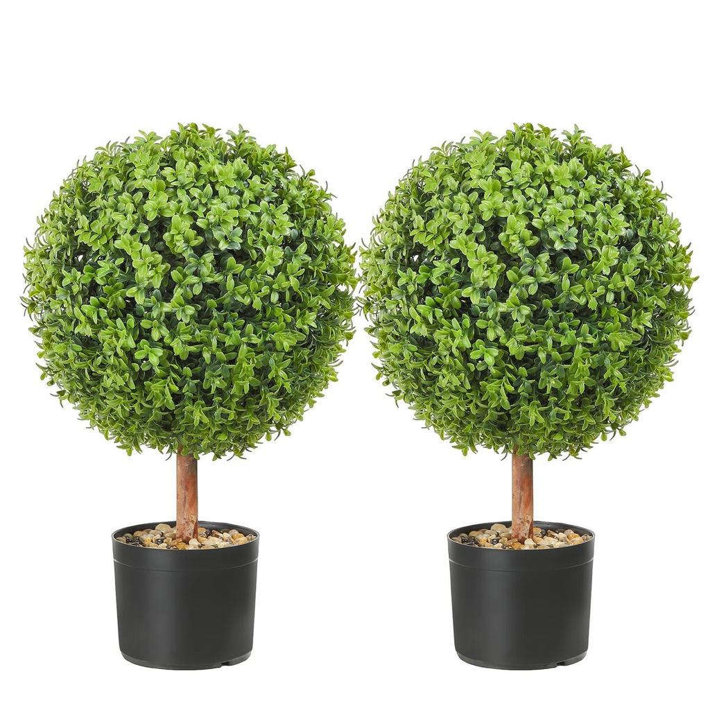 Artificial Topiaries Boxwood Trees, 24 inch Tall (2 Pieces), Ball-Shape Faux Topiaries Plant with Planters, Green Feaux Plant w/ Replaceable Leaves &