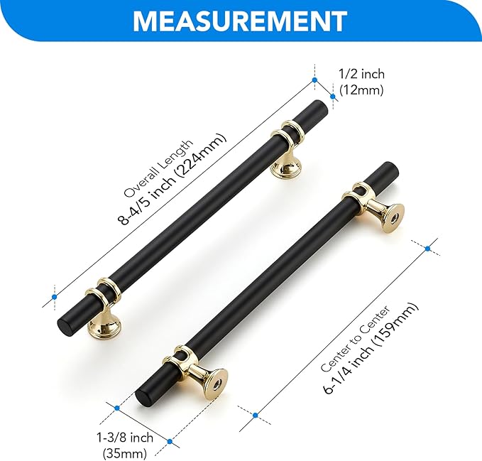 6pack Matte Black Brushed Brass T Bar Cabinet Pulls,Modern Drawer Handles Decorative Hardware for Cabinets Dressers